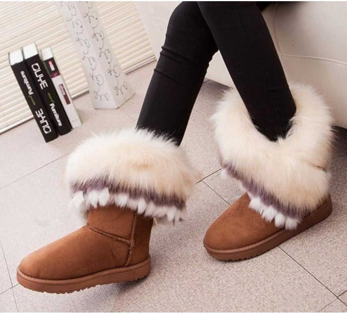 Women's Faux Fur Tassel Winter Snow Boot Round Toe Suede Warm Fur Lined Platform Flat Shoes Comfort Outdoor Fashion Furry Boots