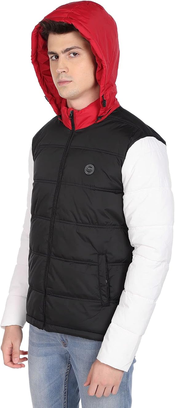 U.S. POLO ASSN. Men Black and White High Neck Colour Block Puffer Jacket, Black and White, 44