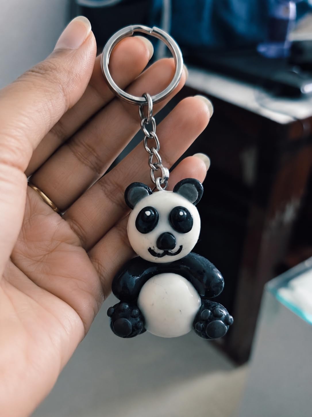 Handmade airdry clay, Cute Panda Keychain, Black and White, Animal