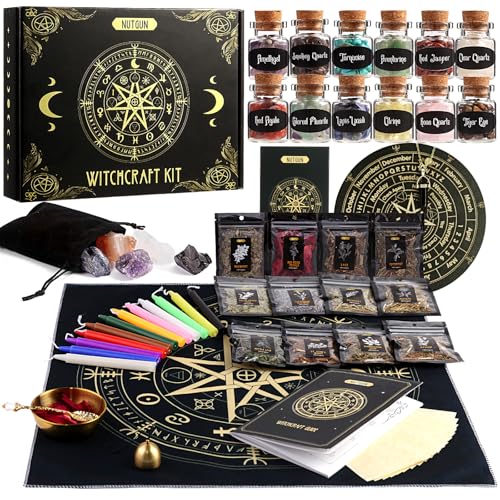 Nutgun Large Witchcraft Supplies Kit 60 PCS Wiccan Supplies and Tools Including Witchcraft Herbs Spell Candles Crystals Guidebook Witch Altar Spell Starter Kit Witchy Gifts for Women