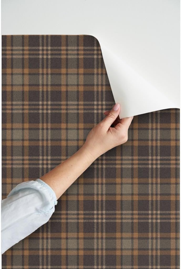 Peel & Stick Wallpaper 3ft x 2ft - Brown Plaid Rustic Check Dark Academia Autumn Fall Tartan Traditional Classic Custom Removable Wallpaper by Spoonflower