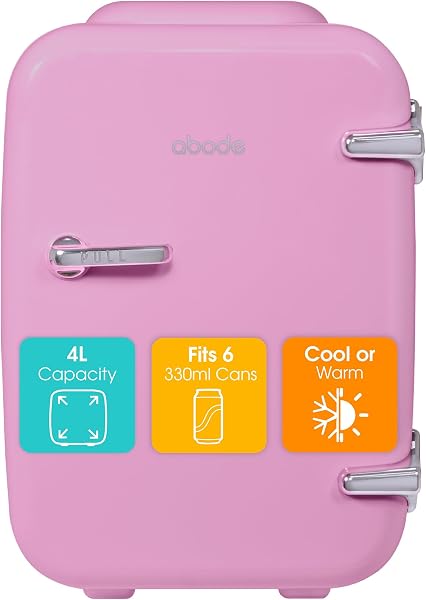 Abode Pink Mini Fridge A4CLR201P 4L/6 Can Portable Thermoelectric Mini Cooler & Warmer for Drinks, Cosmetics/Makeup/Skincare, AC/DC Power, Retro Style, For Bedroom, Home, Caravan, Car - 1