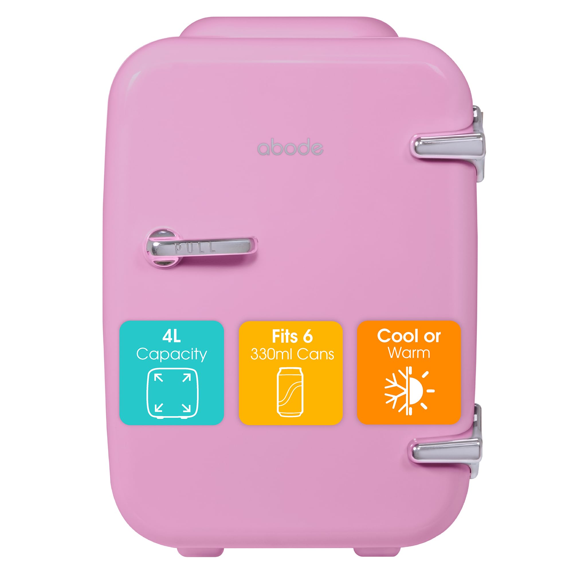 Abode Pink Mini Fridge A4CLR201P 4L/6 Can Portable Thermoelectric Mini Cooler & Warmer for Drinks, Cosmetics/Makeup/Skincare, AC/DC Power, Retro Style, For Bedroom, Home, Caravan, Car