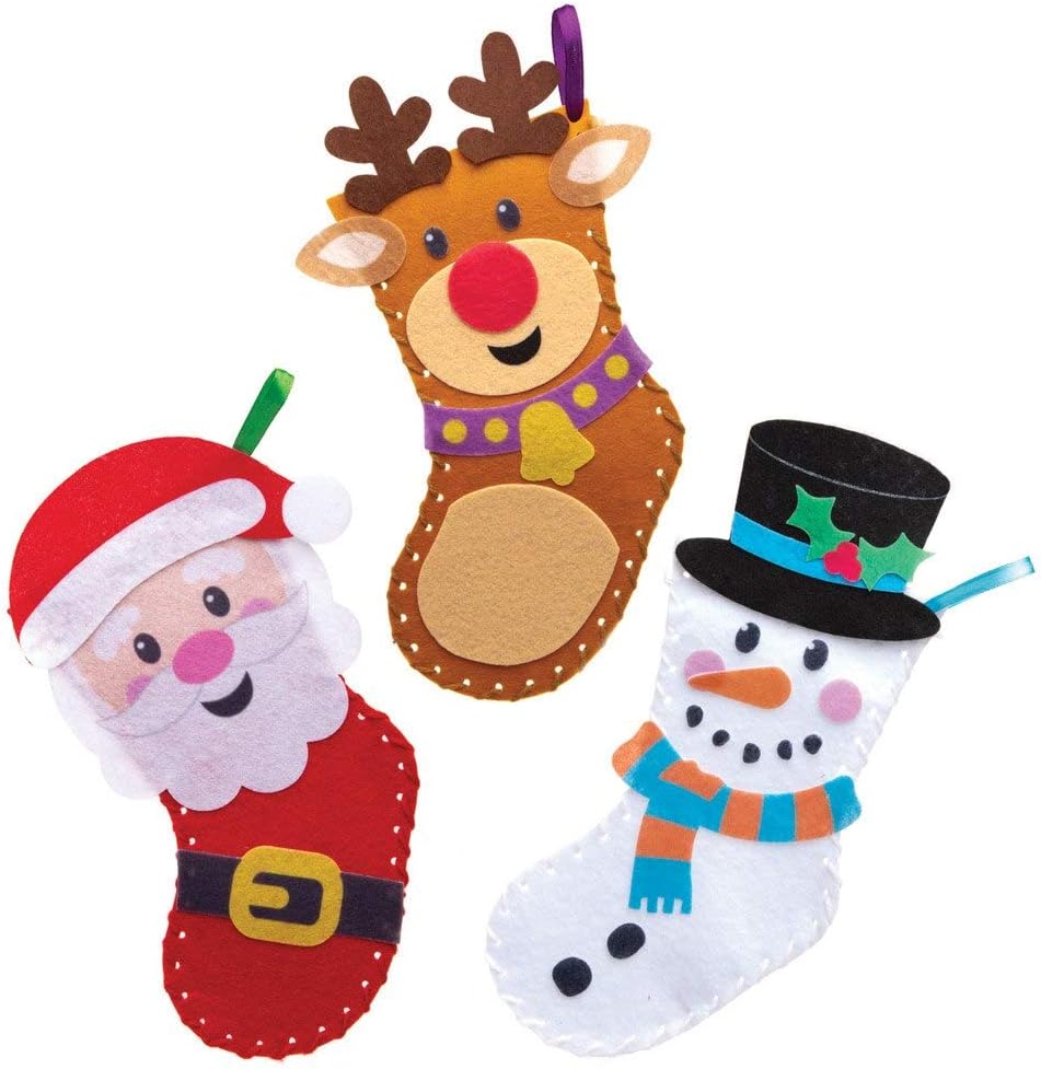 Baker Ross AT189 Christmas Stocking Sewing Kids - Pack of 3, for Festive Crafting, Beginners Embroidery, Dexterity and Ornaments