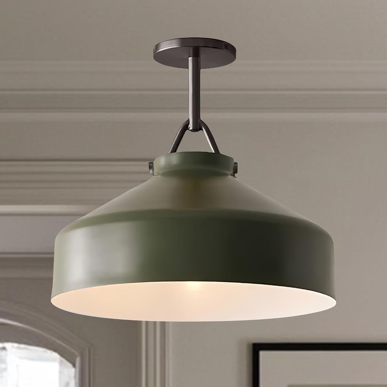 16 Inch Industrial Metal Flush Mount, Contemporary Hand-Polished Olive Close to Ceiling Light for Bedroom, Black Pole Ceiling Light for Living Room, Luxury Lighting Fixtures for Indoor