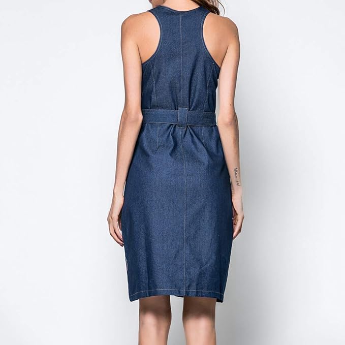 Amazon Co Jp Yumiki デニムワンピース タイト スキニー スリム ノースリーブ ワンピース レディース 膝丈 きれいめ 体形カバー ジッパー付き L ブルー 服 ファッション小物