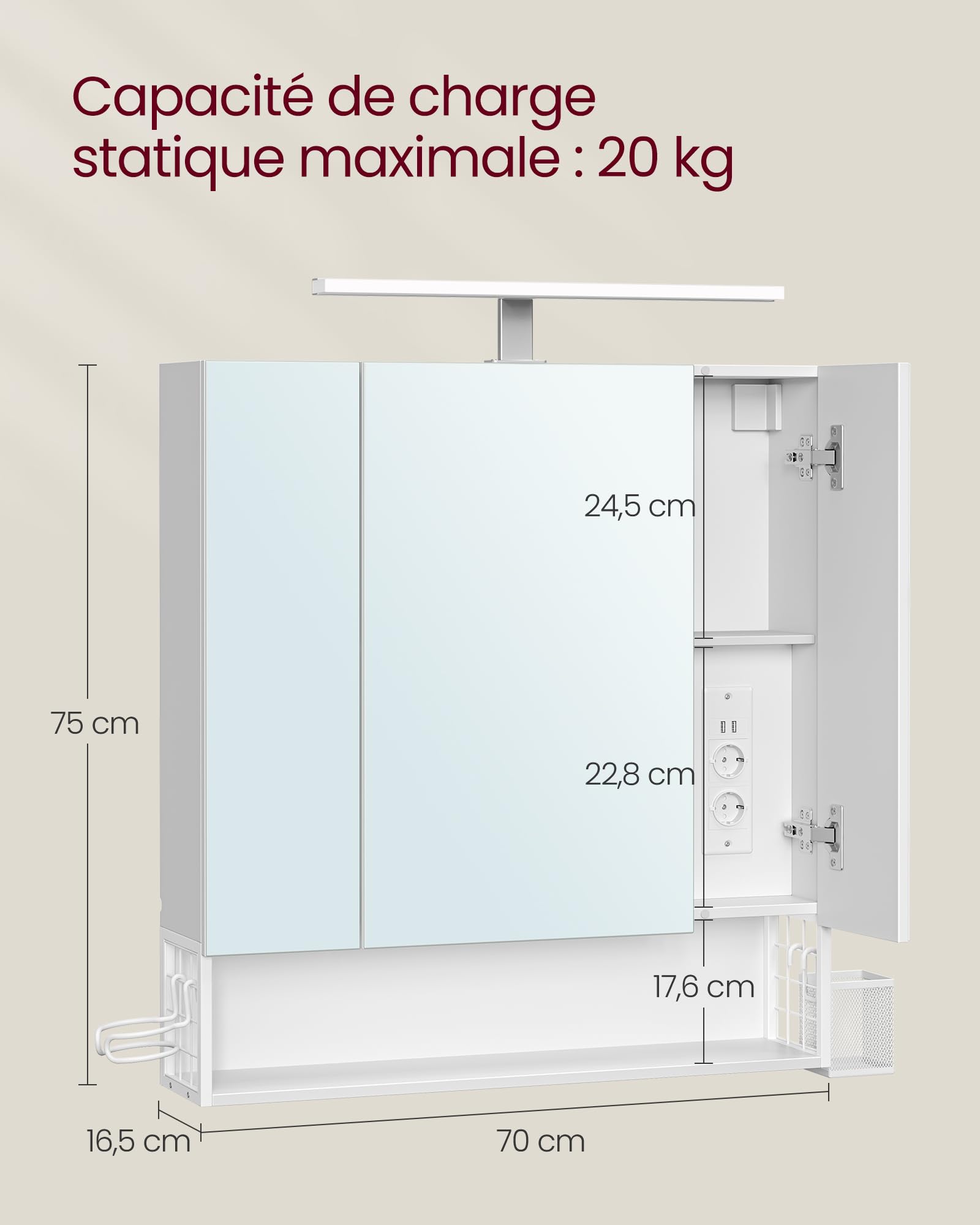 VASAGLE Meuble de Salle de Bain avec Éclairage LED, 16,5 x 70 x 75 cm, Multiprise, Panier Suspendu, Support pour Sèche-Cheveux, pour Salle de Bain, Lavabo, Blanc Nuage BBK126W01