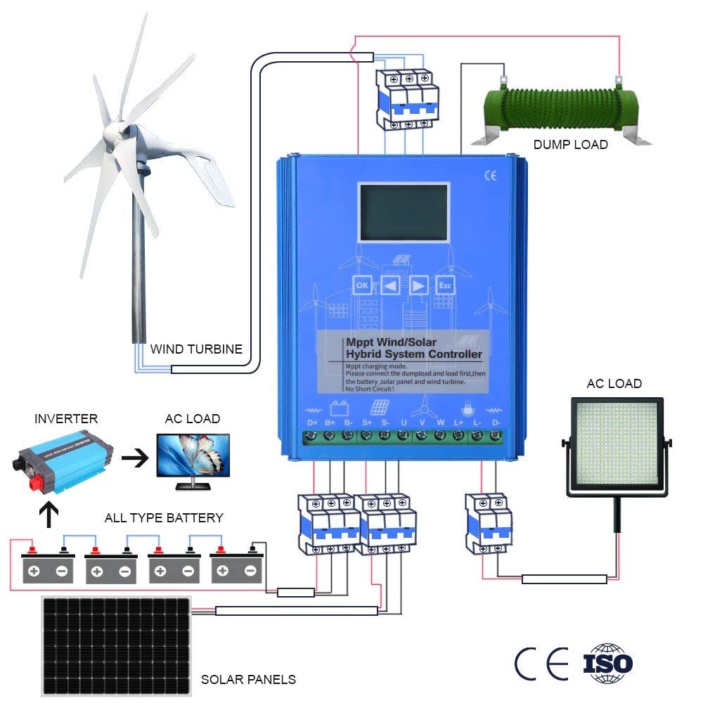 2000 W Wind Solar Hybrid MPPT Boost controlador de carga 1000 W panel solar 1000 W turbina eólica 24 V 48 V regulador de batería viento sistema de recarga solar controlador con pantalla LCD y carga de