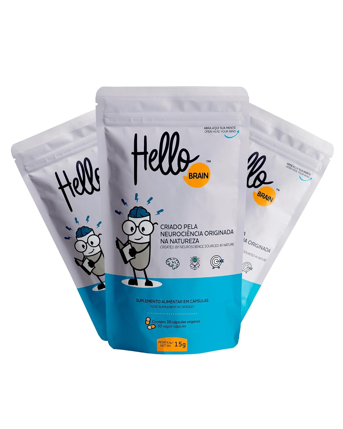 Hellobrain Suplemento de Saúde Cerebral, Nootropic, Foco e Concentração, Performance Cognitiva, Vegano e Sem Glúten, 3 Sachês de 30 Cápsulas