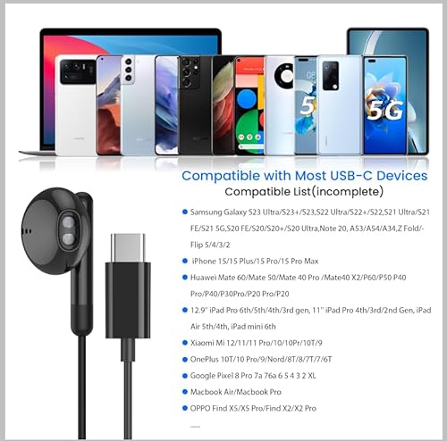 USB C Headphones for iPhone 17 Air 16 15 Plus Pro Max iPad Pro USB C Earphones with Mic Volume Control USBC Wired Earbuds USB Type C Earphones for Google Pixel 8 7 6A 5 Samsung S25 S24 S23 S22 S21 A55 - Image 3