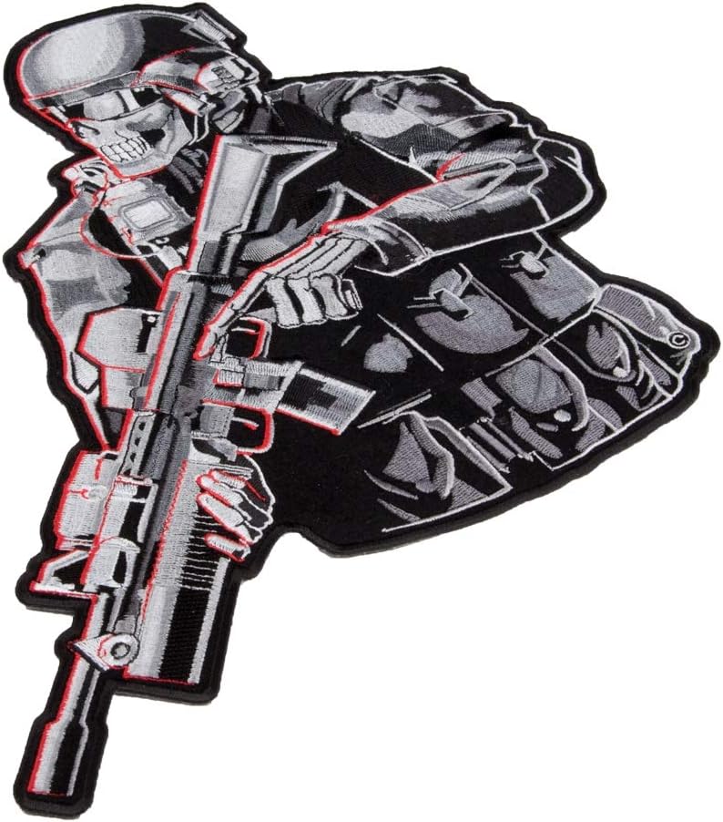 PatchStop Skeleton Soldier Gun Gray Iron On Patches for Clothing Jeans - 11.25x12.5in X-Large DIY Sew On Patch for Jackets Bags - Embroidered Decorative Skull Patches