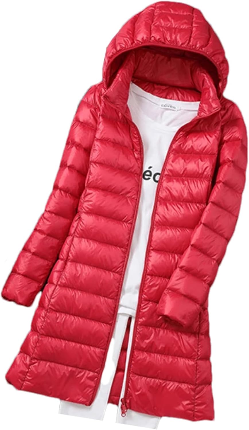 Mnjyihy Long Down Jacket For Women Winter Lightweight Casual Puffer Jacket Slim Hooded Plus Size Parka Jacket