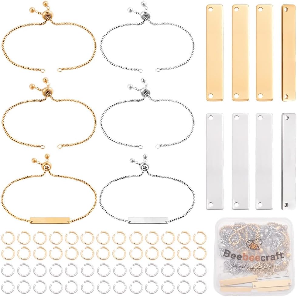 Beebeecraft 10Pcs Engravable Bracelets Adjustable Slider Bracelet for Jewelry Making 304 Stainless Steel Rectangle Stamping Blank Tags Connector with 100Pcs 5mm Open Jump Rings for DIY Crafts