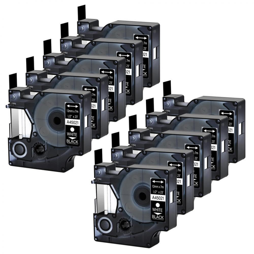 Nastro per Etichette Bianco su Nero da 10 Pezzi da 12 mm Compatibile con l'etichettatrice LabelManager 100 120P 350D 160 per D1 A45021