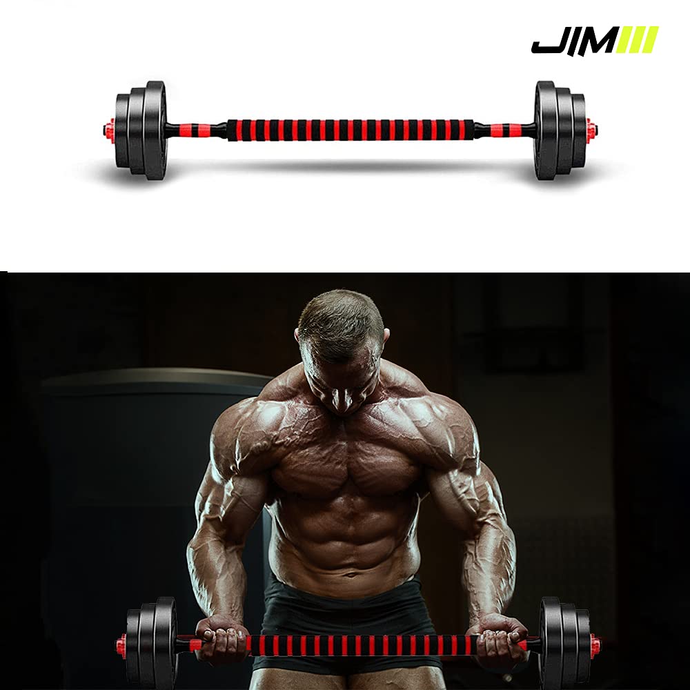 JIM Fitness set 2 in 1 manubrio e bilanciere regolabili fino a 30 kg con copertura in gomma, nero e rosso