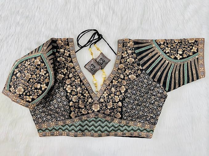 Image of Pujia Mills Mills Women's Fancy Readymade Heavy Coding Embroidary Worked Half Sleeve Multicolor Saree Blouse(Mushroom)