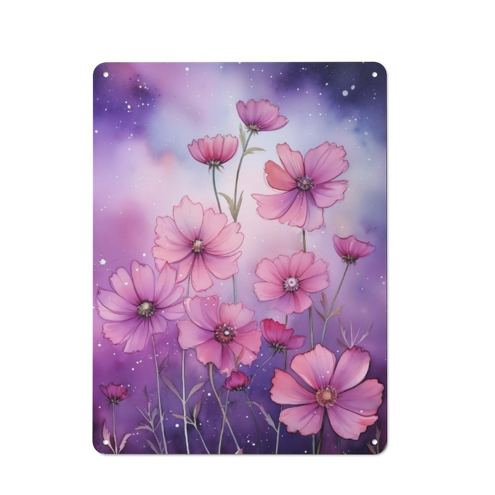 Junmoney Pink Cosmos Flowers In Galaxy Retro Metal Plaque 40X30cm Featuring For Garage Wall, A Winter Wall Decor Update For Workshop Decor Fans