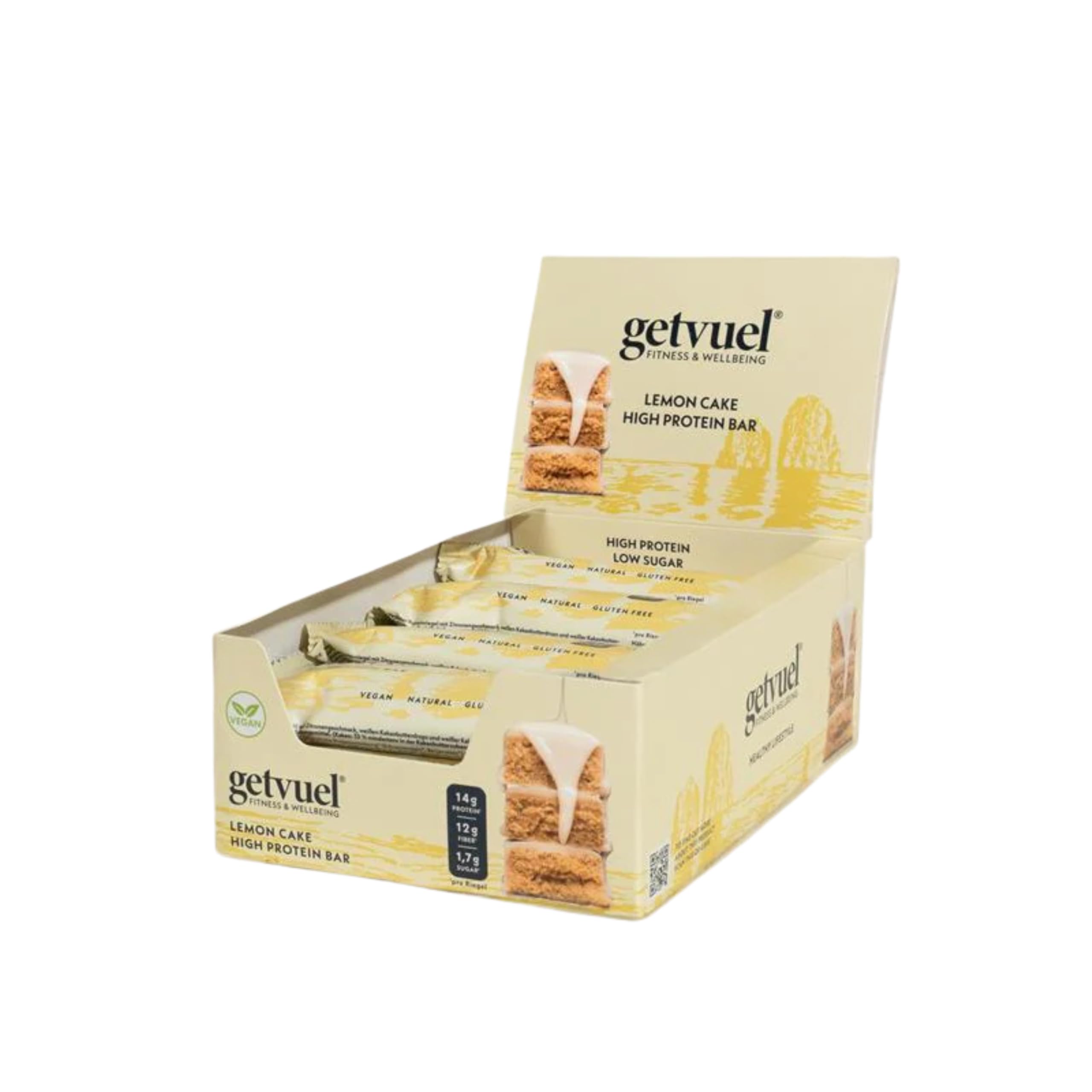getvuel High Protein Riegel Lemon Cake – 12x50g | 14g pflanzliches Protein | nur 1,7g Zucker | vegan, glutenfrei | mit weißer Schokolade | natürliche Zutaten