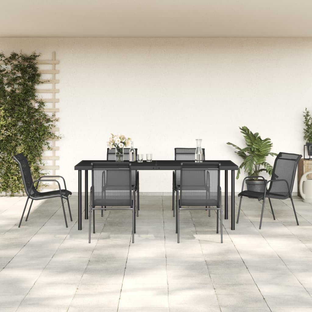 vidaXL Garten Essgruppe 7-TLG., Gartenmöbel Set Tisch 6 Stühle, Sitzgruppe für Garten Terrasse, Gartengarnitur Gartenset, Schwarz Stahl Textilene