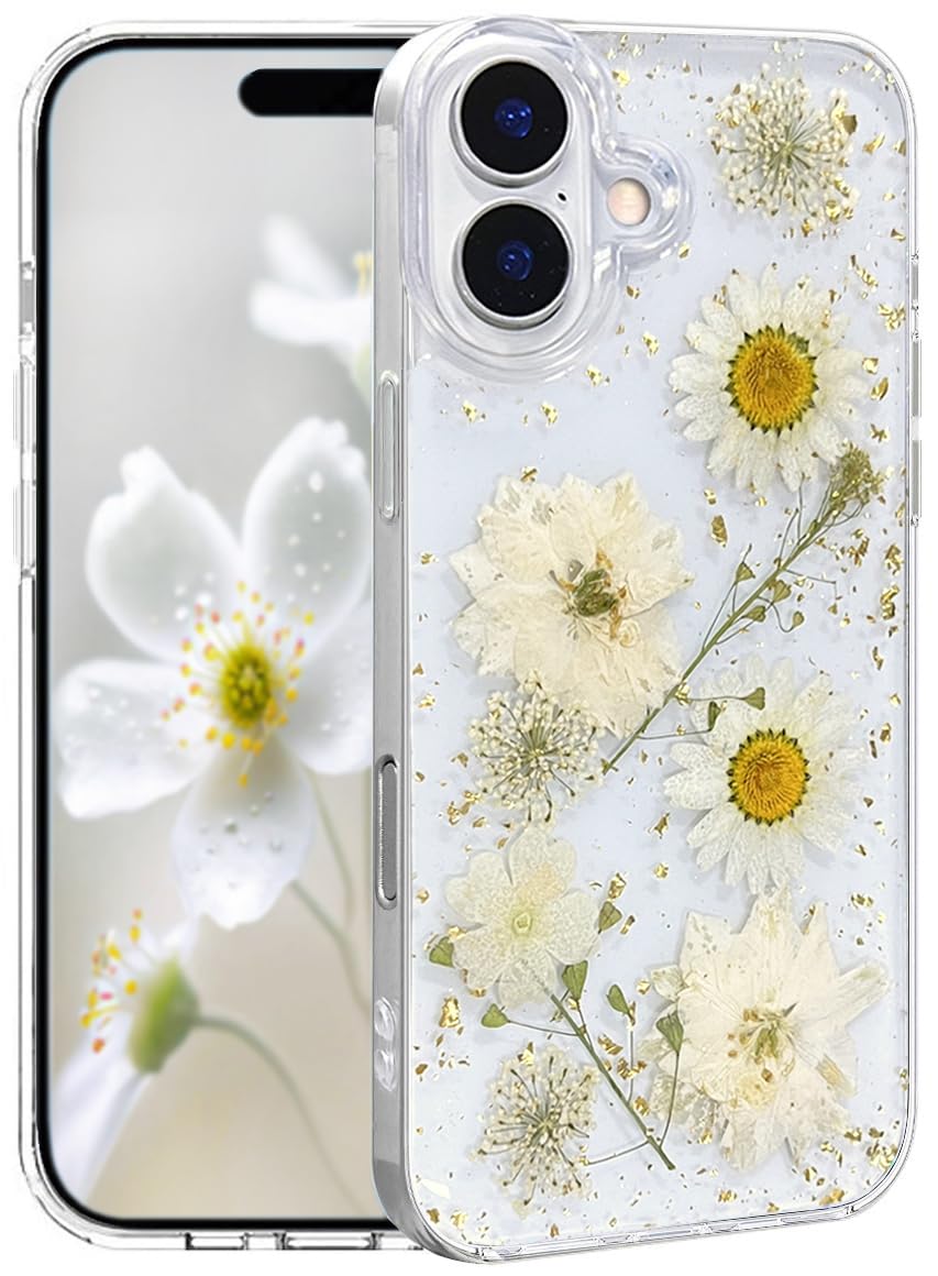 Abbery Handyhülle für iPhone 16 Plus Hülle Blumen Glitzer Muster Klar/Durchsichtig Mit Getrockneten Gold Blumen Motiv TPU Frauen Mädchen Aesthetic Süß Stoßfest Anti-Kratzer Schutzhülle (Weiß)