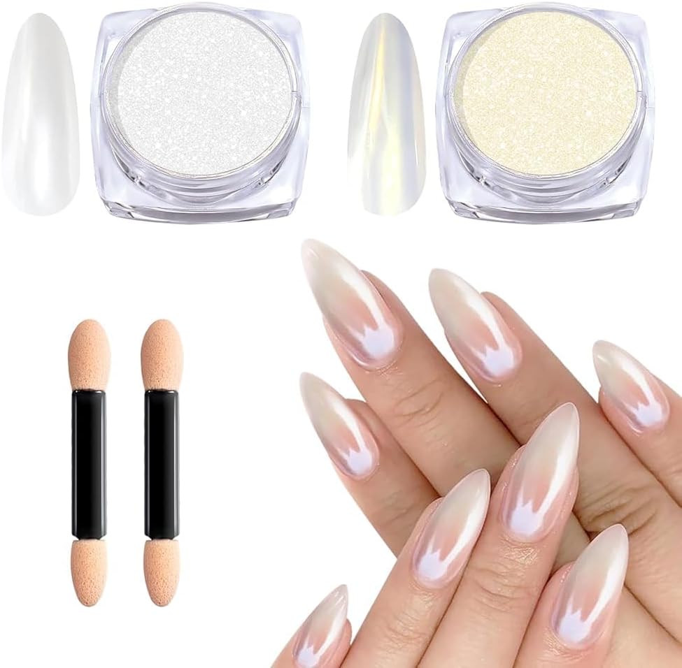 Chrome Nail Powder - 【Super Mirror Effect】White Pearl Chrome Nail Powder Aurora Shimmer Clear Powder Mermaid Glitter Nail Powder for DIY