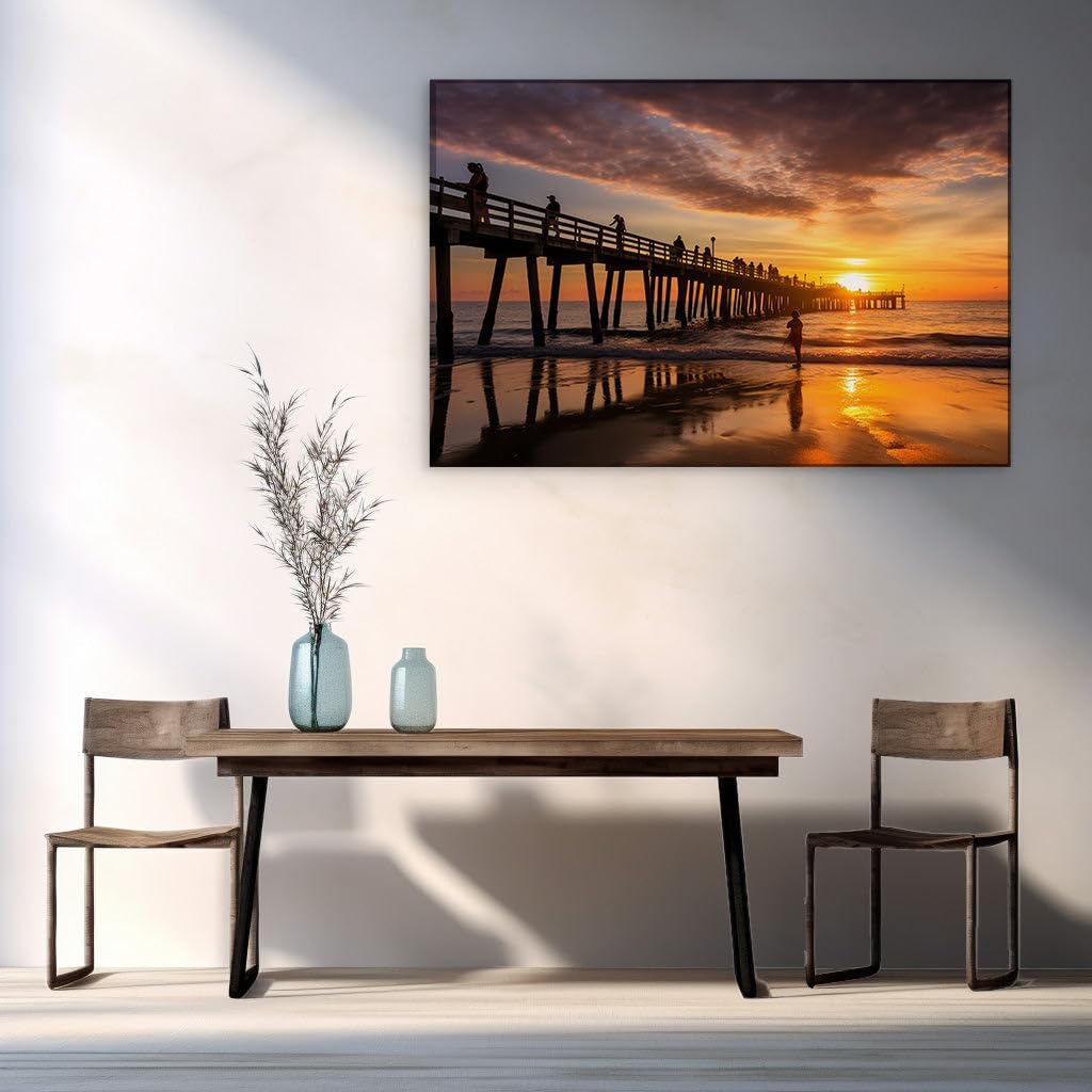 Canvas for Living room. Golden Horizon Serenity � Sunset Wonders at the Pier Beach, 27 x 18 inch Canvas Wall Art - Contemporary Masterpieces - Modern Home Decor