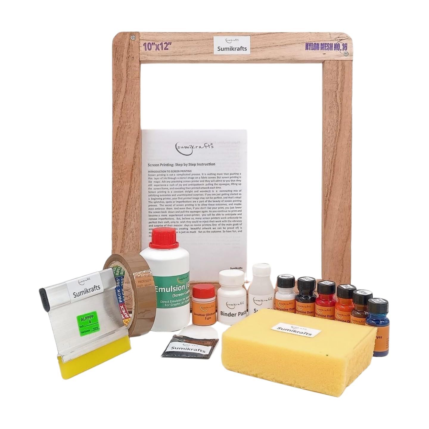 sumikrafts Screen Printing kit for Beginners: 6 Assorted Pigment Dyes Screen Printing Wooden Frame 10"x12" pre Stretched mesh no 16 for Graphic Arts,Textile and Apparel (Option 11)-image-8