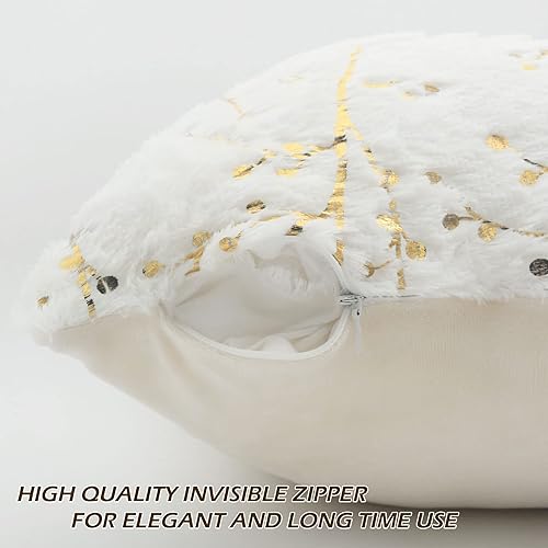 Miniatura 7 de LIGICKY Juego de 2 fundas de almohada de piel sintética blanca esponjosa con ramas doradas con purpurina impresa, fundas de cojín decorativas,