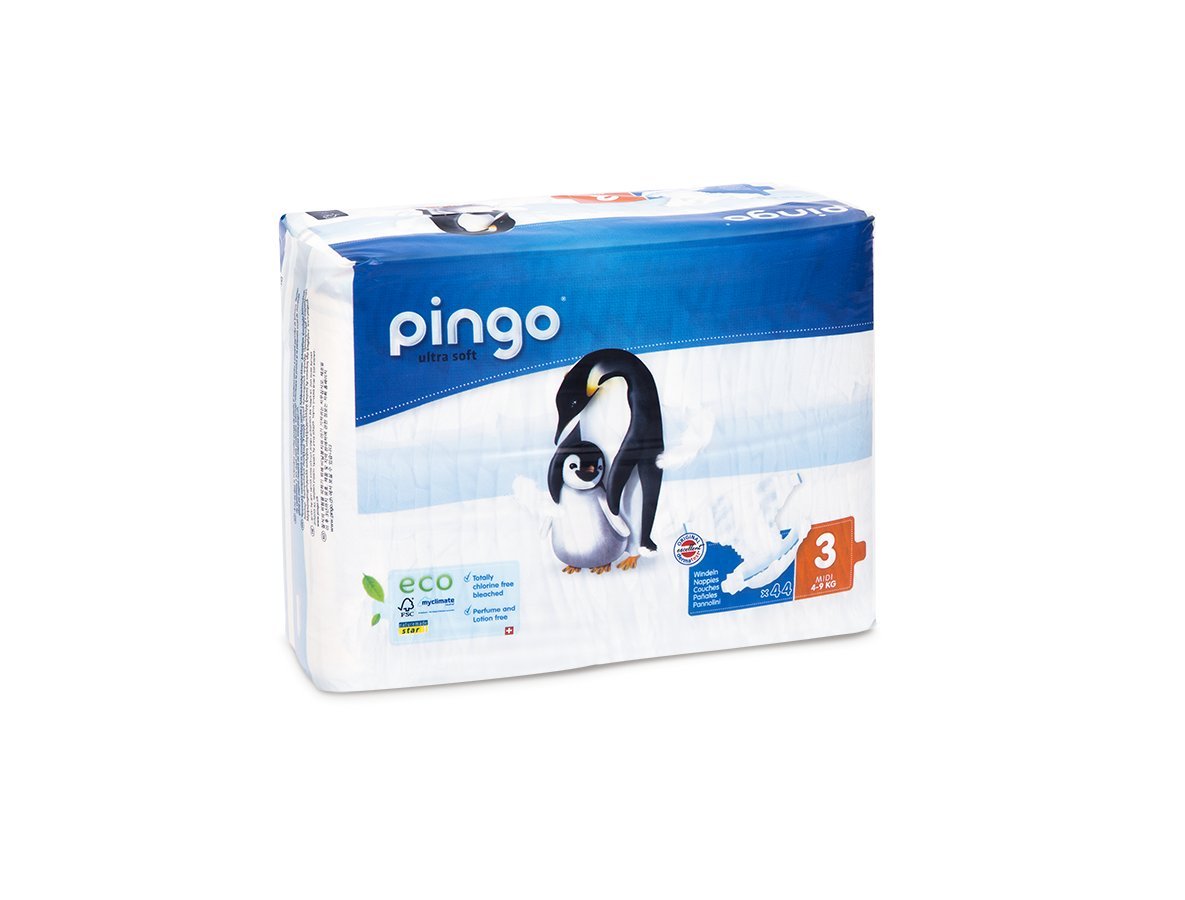 Pingo - Pañales Talla 3 Midi - 2 paquetes de 44 unidades- 4-9 kg -Pañales para bebé - Anti-alergénicos sin perfume - Máxima Absorción - Pañales ecológicos - Pieles sensibles - Color Blanco