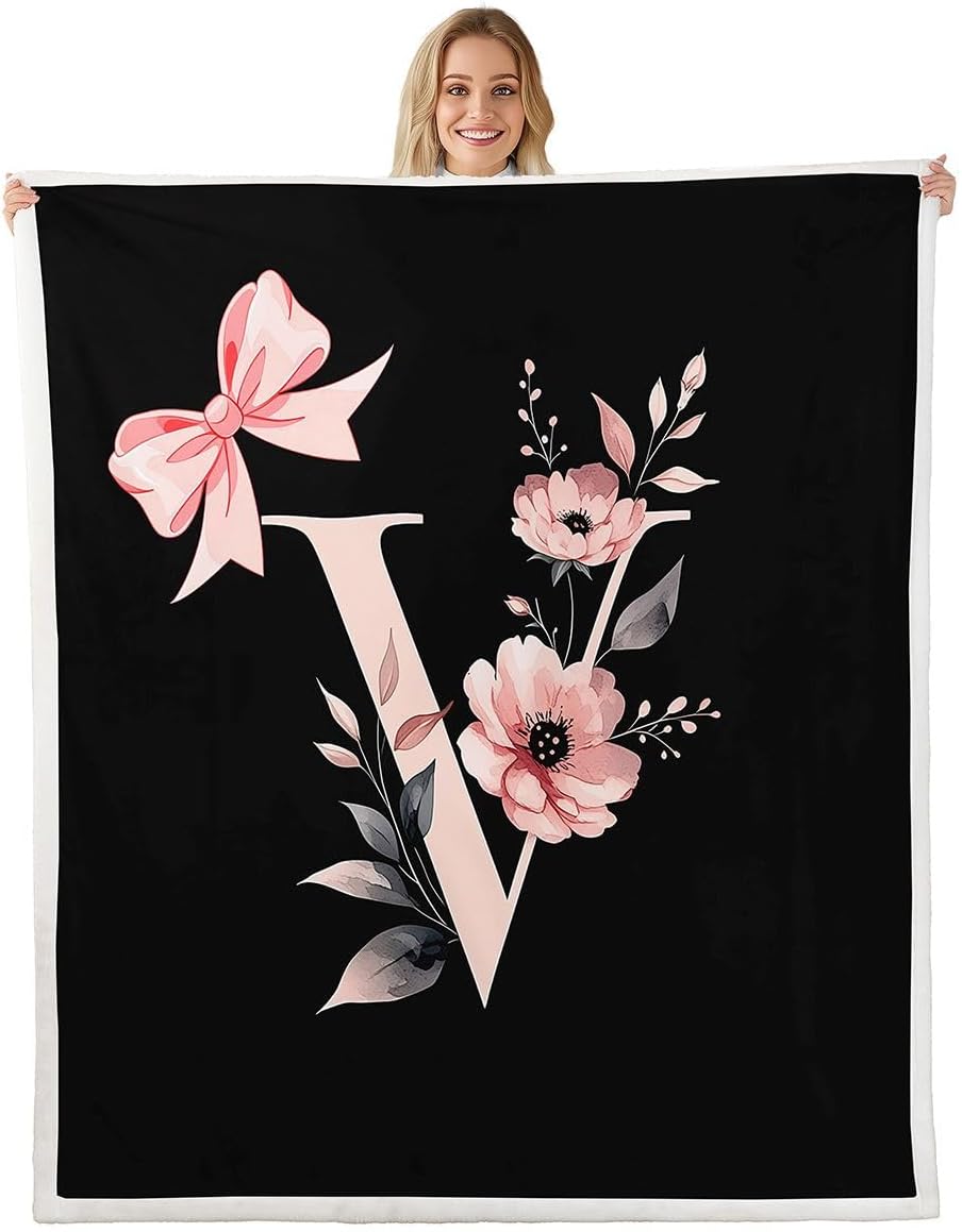 jejeloiu Cute Girly Bow Sherpa Throw Blanket for Couch Initial Letter V Super Soft Cozy Fleece Flower Floral Print Blanket for Winter, Plush Throw Spring Style Baby 30"x40" All Season