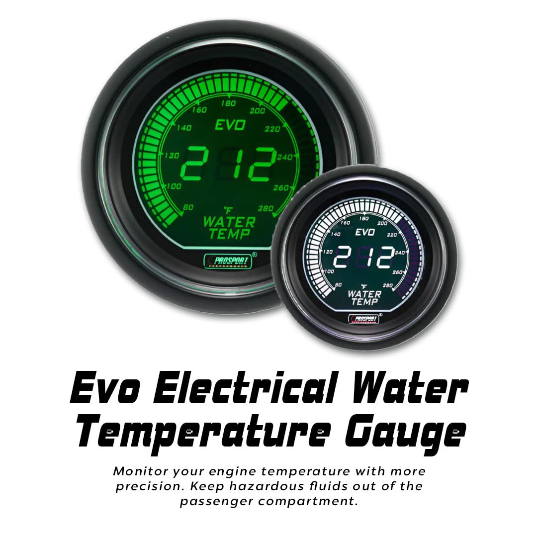 Prosport EVO 52mm Digital Water Temperature Gauge | Green/White LED Display with Sender Unit | Electric Coolant Temp Monitor for Performance Engines and Daily Driving