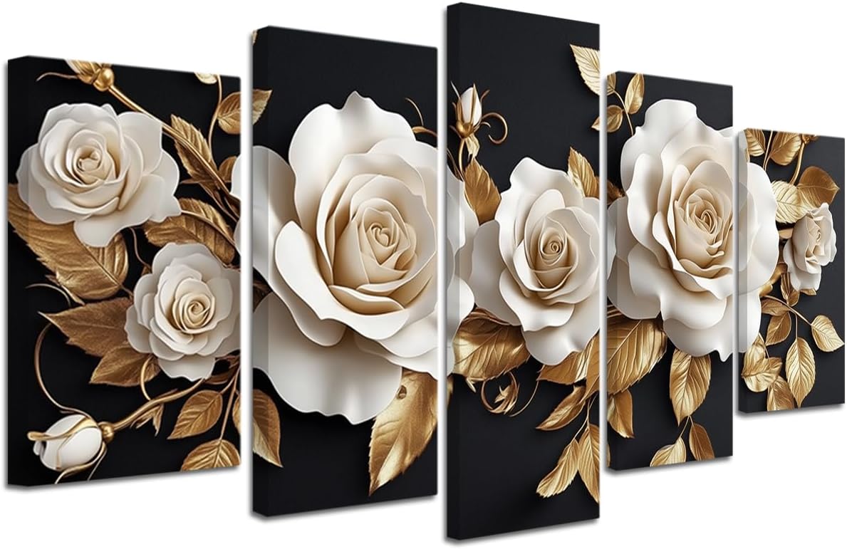 CXHOSTENT Luxury White and Gold Floral 3D Wall Art 5 Pieces Flower Picture Canvas Prints Abstract Elegant White Floral Painting for Home Decor Framed (Blue, 8x14inx2 8x18inx2 8x22inx1)