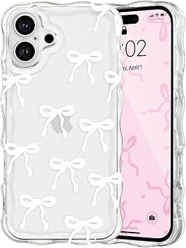 QLTYPRI Bow Case for iPhone 17, Cute Ribbon Bows Wavy Curly Frame Clear Phone Case for Girls Women, Aesthetic Bowknot Transparent Soft Silicone TPU Bumper Shockproof Protective Cover - White