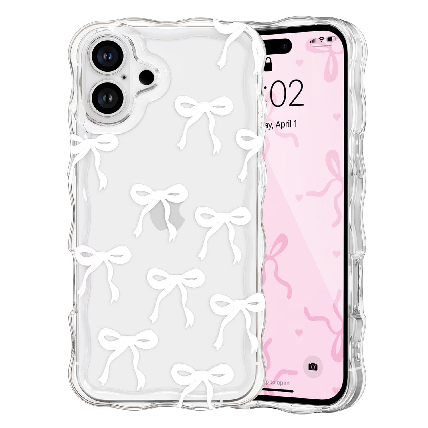 QLTYPRI Bow Case for iPhone 16 Plus, Cute Ribbon Bows Wavy Curly Frame Clear Phone Case for Girls Women, Aesthetic Bowknot Transparent Soft Silicone