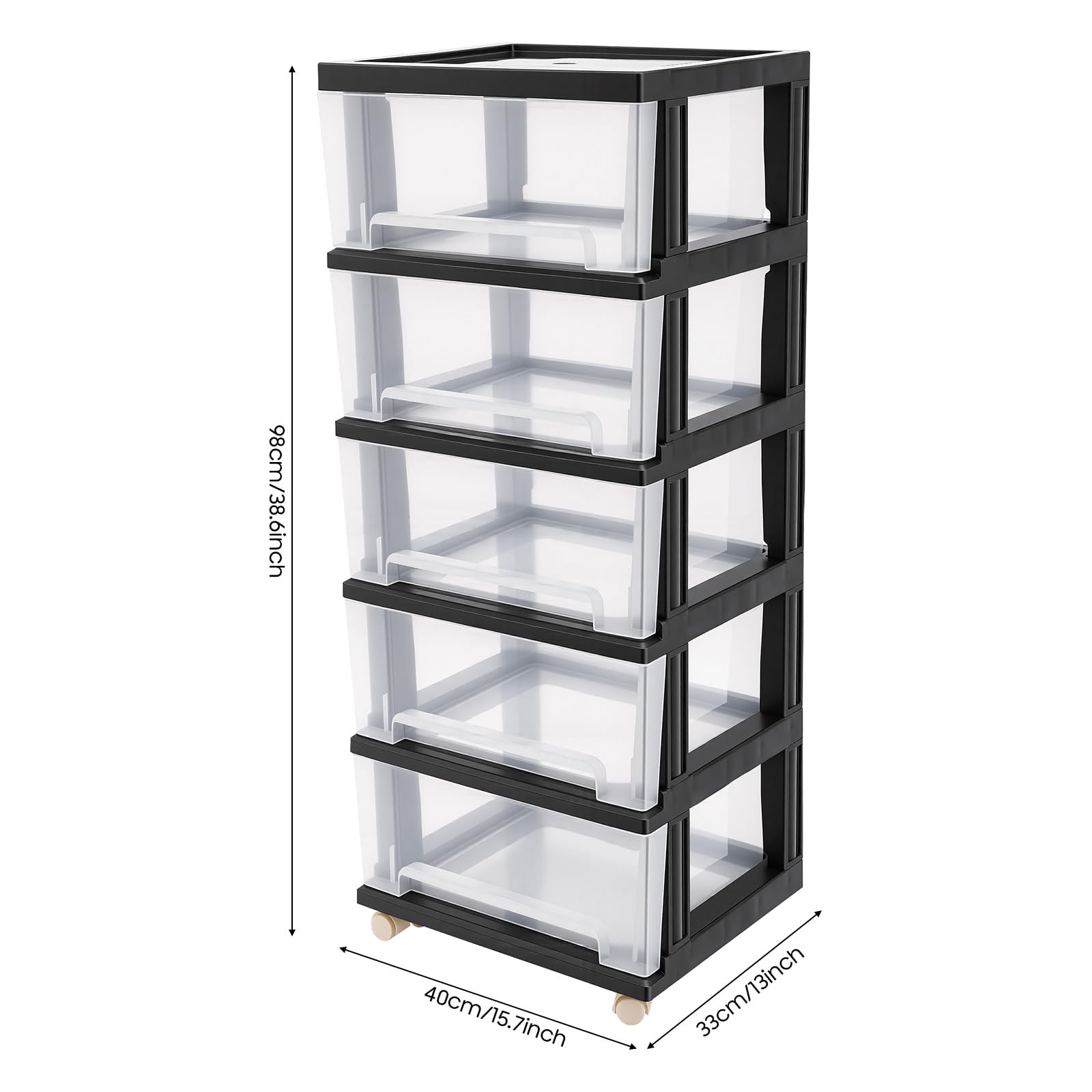 Torre portaoggetti 5 cassetti 40 cm nero, mobile in plastica con ruote | 5 cassetti, 40 x 33 x 98 cm, PP nero, trasparente, ruote, senza BPA, per A4