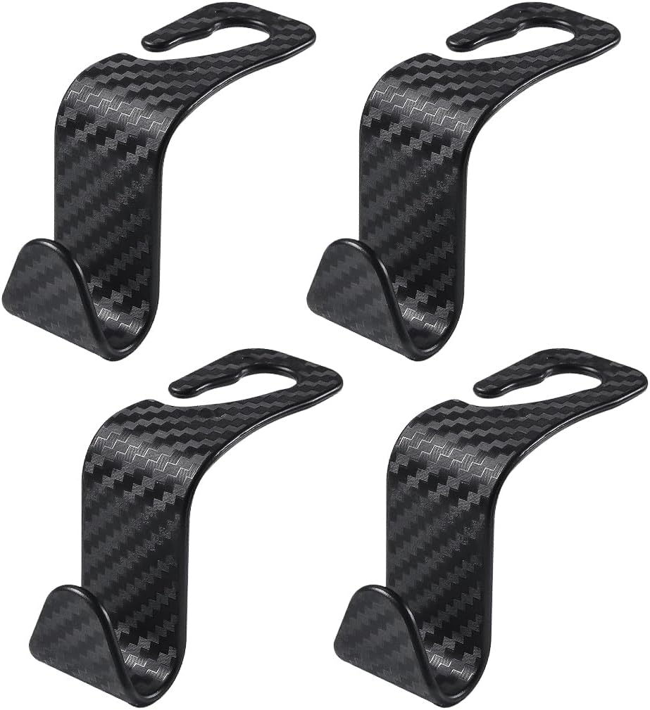 povtii 4 PCS Car Seat Headrest Hooks, Auto Backseat Organizer Hanger Holder, Vehicle Seat Back Storage Hooks for Purse Coat Umbrella Grocery Bag Handbag, Interior Car Accessories (Carbon Fiber)