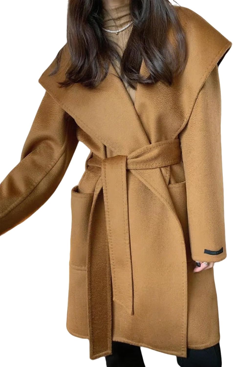 utcoco Women's Winter Belted Wool Coat Open Front Wool Trench Coat with Hood