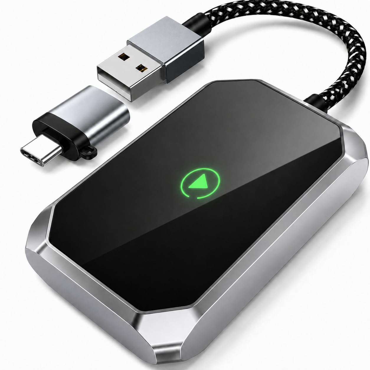 Adaptador inalámbrico 2 en 1 para CarPlay y Android Auto (actualización 2026), con cable a inalámbrico, Plug & Play para iOS 7.1+ y coches para 2015, mini USB-C/USB-A Dongle de coche