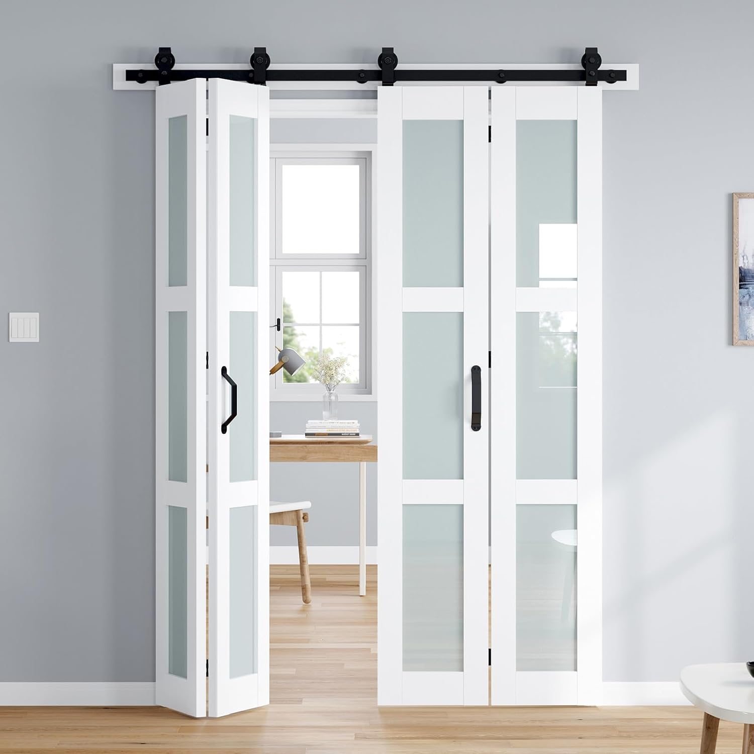 Bifold Barn Door 60x84 Inch (Four 15x84), White Frosted Glass Bifolding Doors with 68" Hardware Kit Included, Closet Sliding Wood Panel Slab, Save Space, Simple DIY Assembly