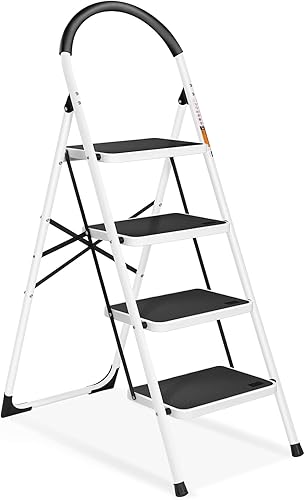 Escalera de 4 escalones, taburete plegable con pedal antideslizante extra ancho, 330 libras, escaleras de acero ligeras y portátiles resistentes con
