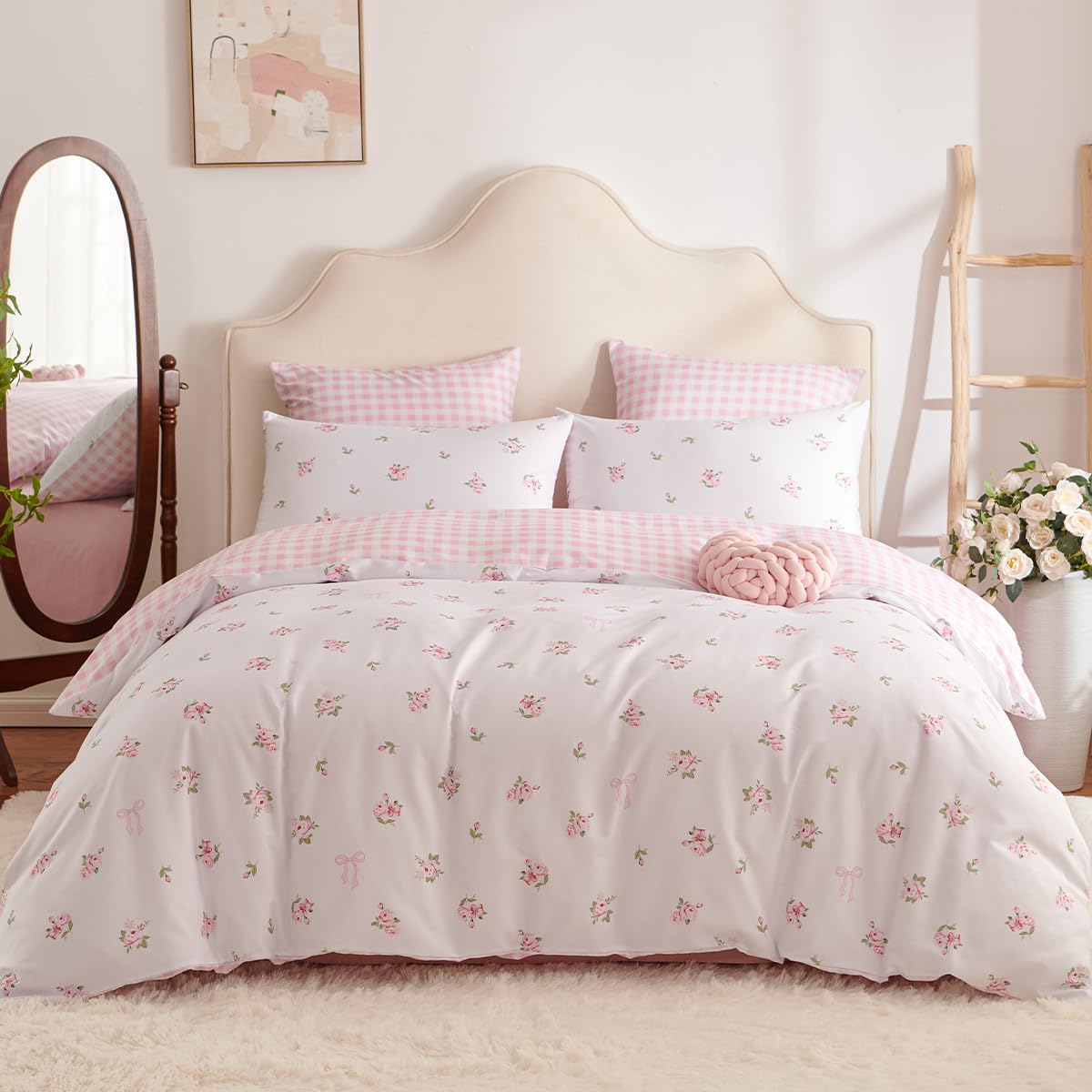 Floral Comforter Set Full Pink Gingham Bedding Set for Girls Kids, Reversible Cute Bow Flower Plaid Design, 100% Microfiber, 1 Coquette Comforter with 2 Pillowcases, 3 Pieces