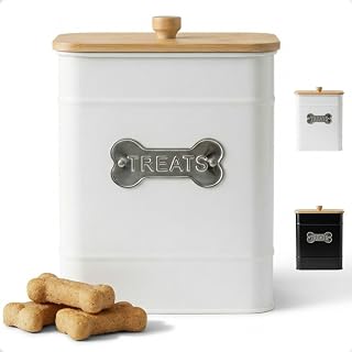 HBDesignCo Airtight Dog Treat Jar - 12 Cup Iron Canister with Bamboo Lid, 6x8 Inch Kitchen Counter Pet Treat Container