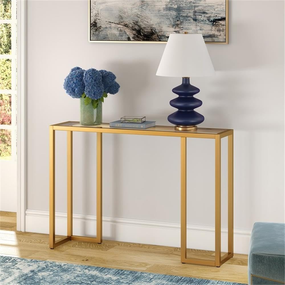 Pemberly Row Art Deco Metal Console Table, Brass Finish, 42 in x 10 in x 29 in, Tempered Glass Top and Shelf, Modern Industrial Style, Entryway or Living Room Accent Table for Home Decor