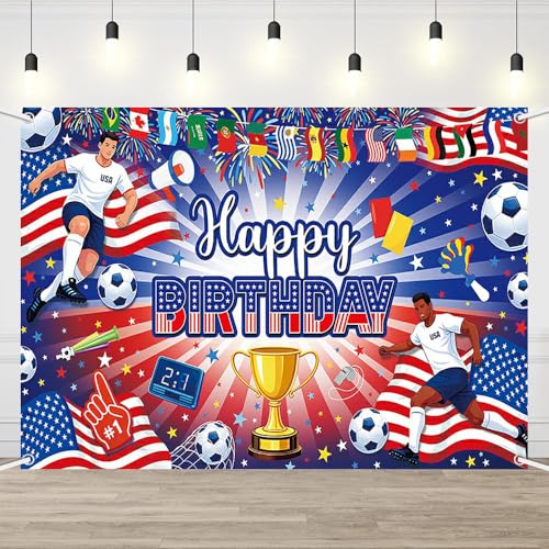 AIBIIN Soccer Birthday Backdrop for Boys, USA Soccer Championship Theme Birthday Party Decorations Football Stadium Photo Booth Background Banner for Kids Sports Party 7x5ft