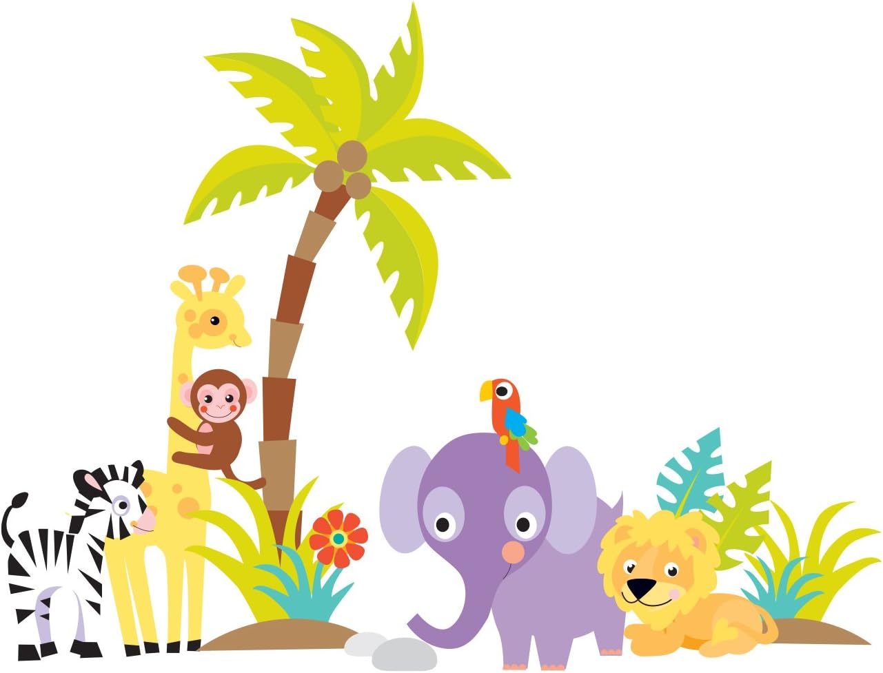 Safari Fabric Wall Decals with Elephant, Giraffe, Monkey, Lion, Zebra, Parrots, Palm Tree, Grass, Rocks, Leaves - Reusable, Repositionable