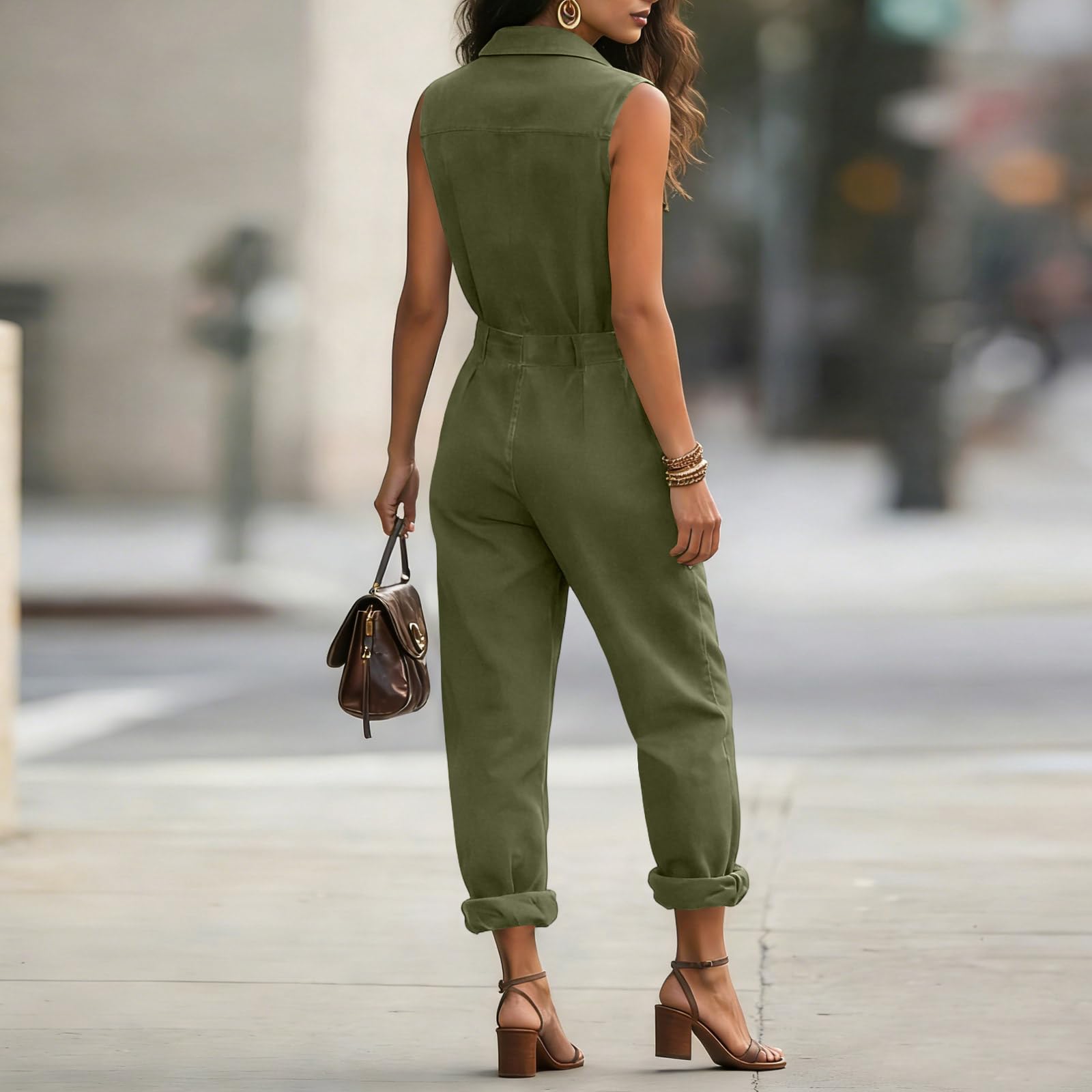 Damen Jumpsuit Sommer Ärmellos Elegant Overall Lang mit Reißverschluss Romper mit Kragen Tasche Jumpsuits Für Damen Cargo Hosenanzug Casual Einteiler Playsuit Sommer Arbeitshosen Onesie