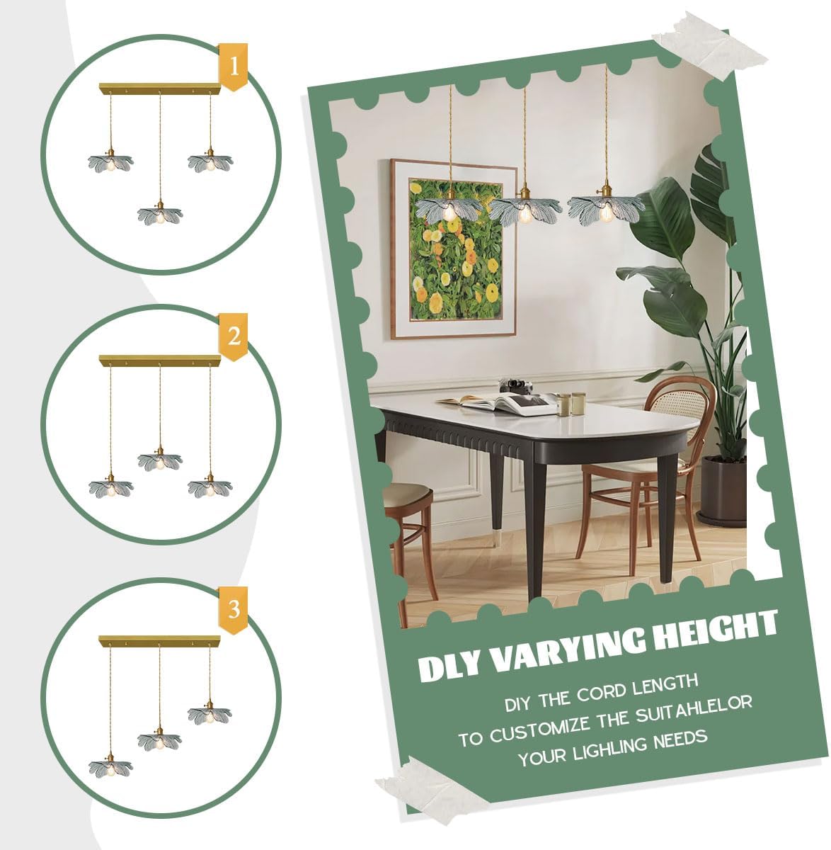 3-Light Gold Brass Adjustable Chandelier Lighting Dark Green Leaf Glass Pendant Dining Room Light Fixtures E26 Cluster Hanging Light for Kitchen Bathroom Cafe Restaurant