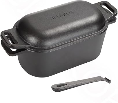 2-in-1 Pre-Seasoned Cast Iron Dutch Oven Pot with Lid as Skillet, Grill Pan, with Lid Lever, Dual Loop Handles, Oval Heavy Dutch Oven for Bread Baking, Frying, Camping, BBQ, 3.8 QT Black