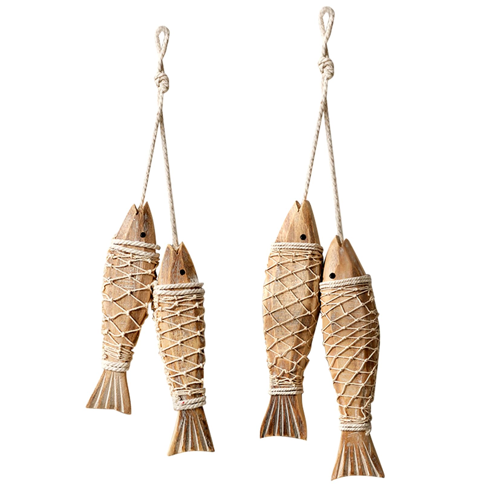 4 Holz Fische Anhänger Deko Hänger Fisch mit Schnur Hängedeko Fisch Dekoration Ornament Hängend Handgeschnitzt Wandkunst für Zuhause Innen Außen Terrasse Veranda Büro Nautische Wand (2 Klein 2 Groß)