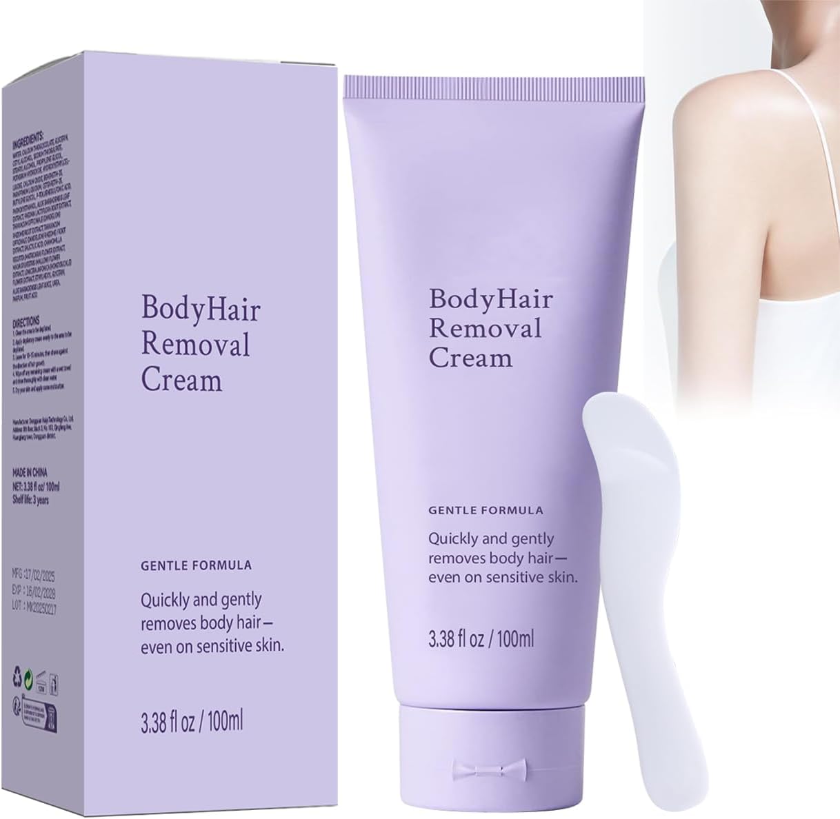 Body Hair Removal Cream for Women and Men, with Spatula Applicator, Gentle Formula, Safe for Sensitive Skin, for Legs, Bikini, Underarms 3.38fl oz